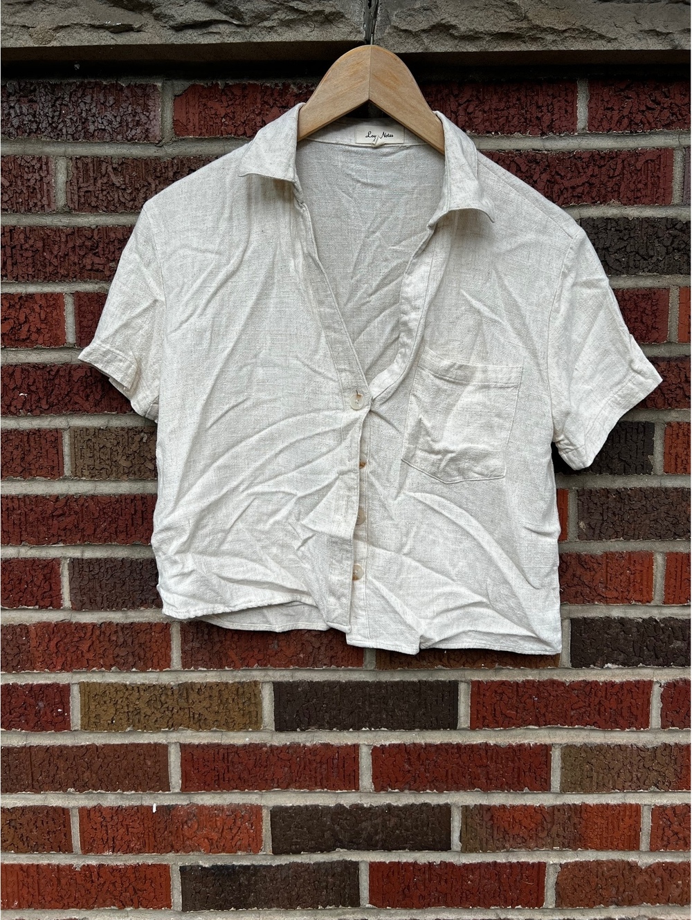 Love Notes Canvas Tan Collared Short Sleeve Cropped Button Down Top